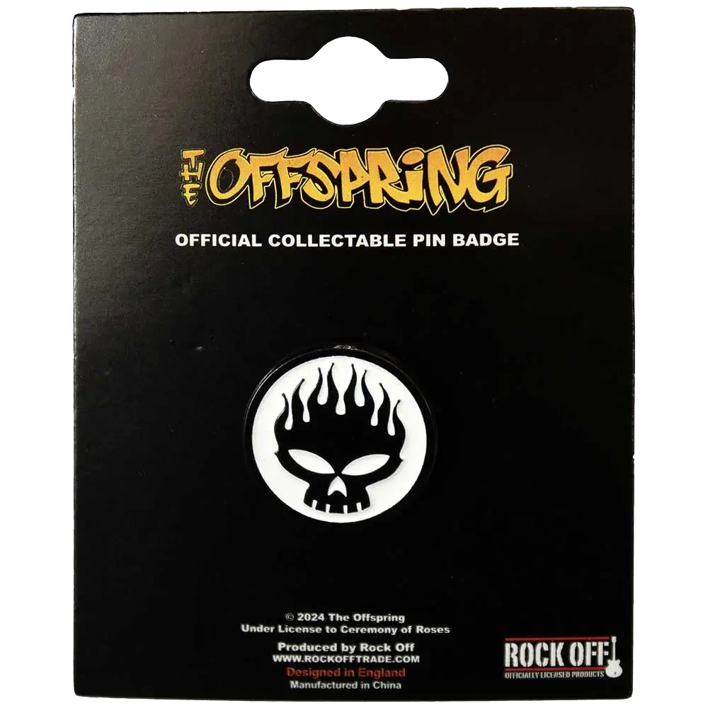 Pin's officiel Offspring présenté sur carte Rock Off - badge blanc et noir sous licence 2024