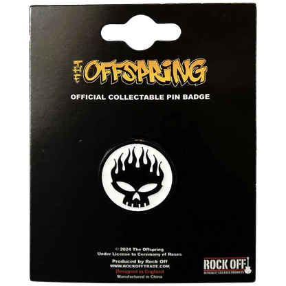 Pin's officiel Offspring présenté sur carte Rock Off - badge blanc et noir sous licence 2024