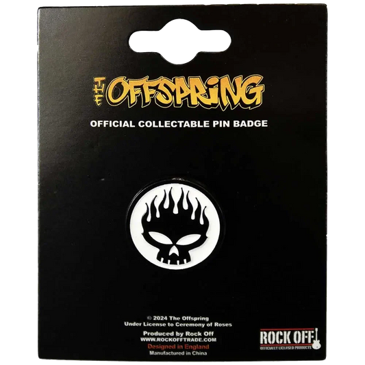 Pin officiel Offspring présenté sur carte Rock Off - badge blanc et noir sous licence 2024