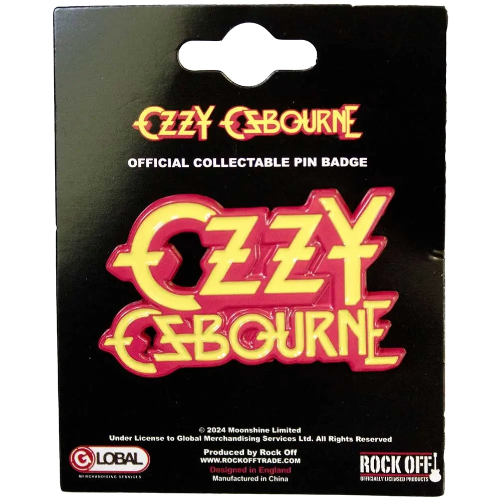 Pin officiel Ozzy Osbourne présenté sur carte Rock Off - badge rouge et jaune sous licence 2024