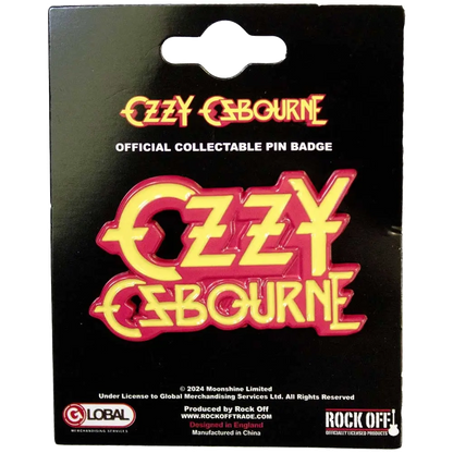Pin officiel Ozzy Osbourne présenté sur carte Rock Off - badge rouge et jaune sous licence 2024