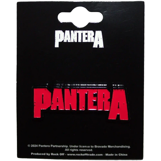 Pin officiel Pantera présenté sur carte Rock Off - badge rouge et noir sous licence 2024