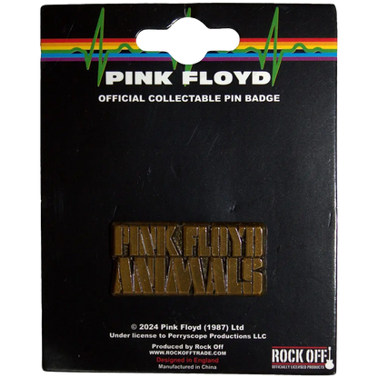 Pin officiel Pink Floyd - Animals présenté sur carte Rock Off - badge doré sous licence 2024