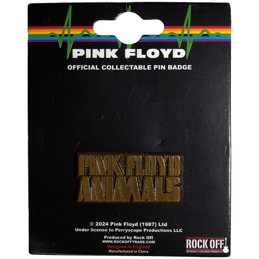 Pin's officiel Pink Floyd - Animals présenté sur carte Rock Off - badge doré sous licence 2024