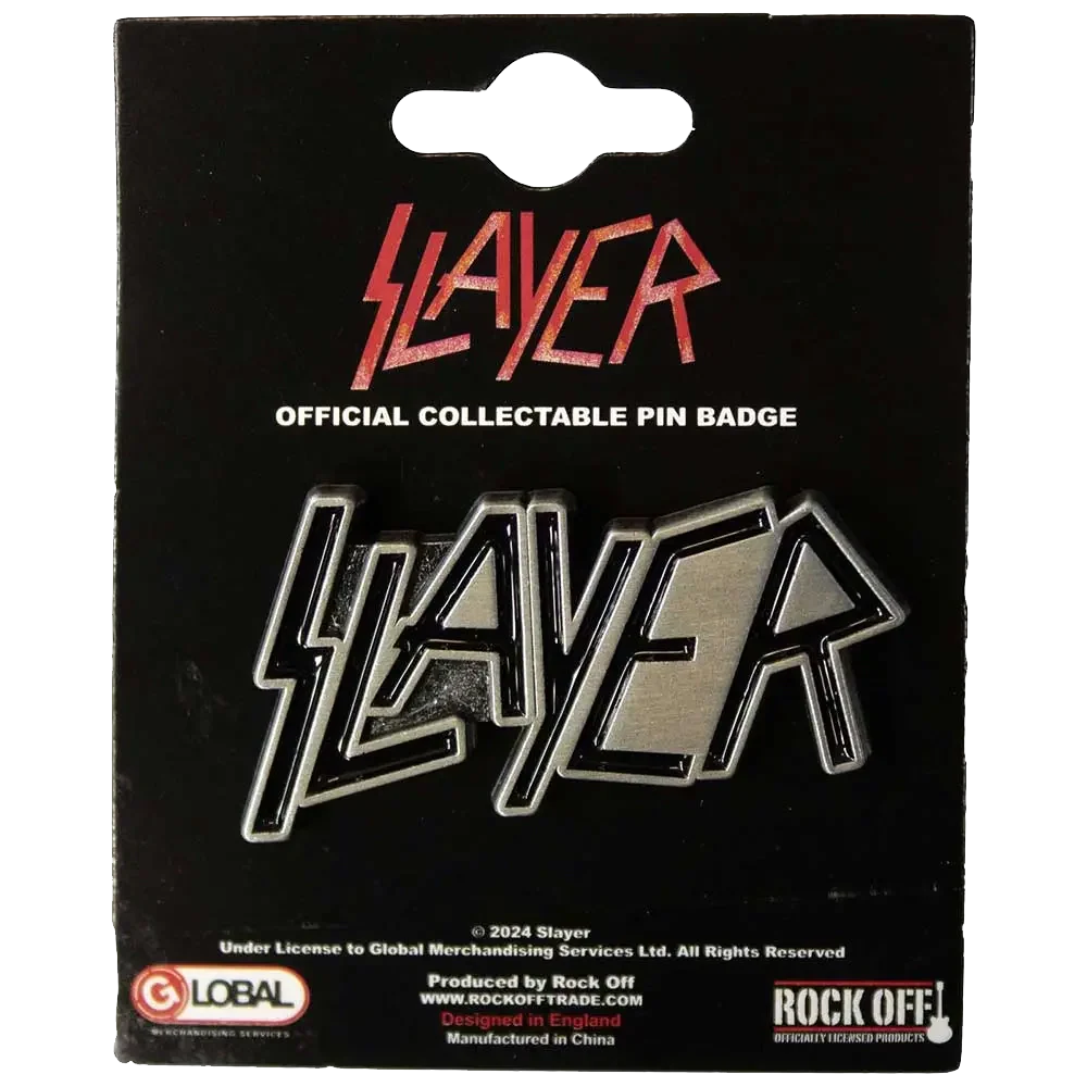 Pin officiel Slayer présenté sur carte Rock Off - badge argenté et noir sous licence 2024