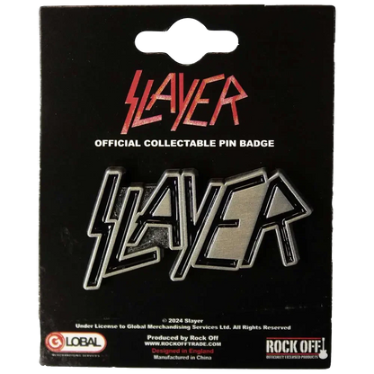 Pin officiel Slayer présenté sur carte Rock Off - badge argenté et noir sous licence 2024