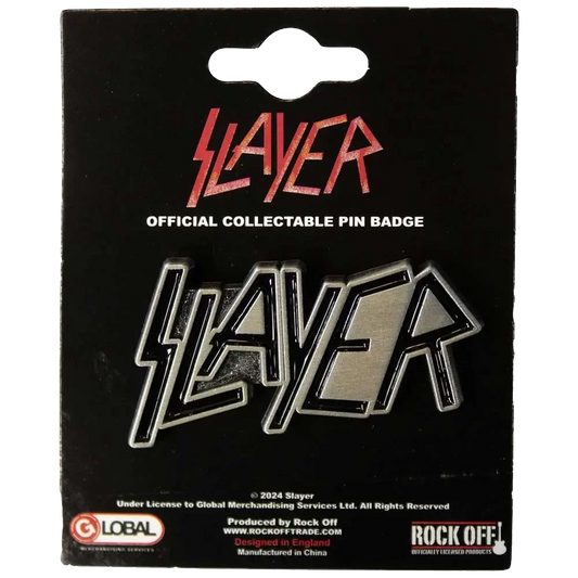 Pin officiel Slayer présenté sur carte Rock Off - badge argenté et noir sous licence 2024