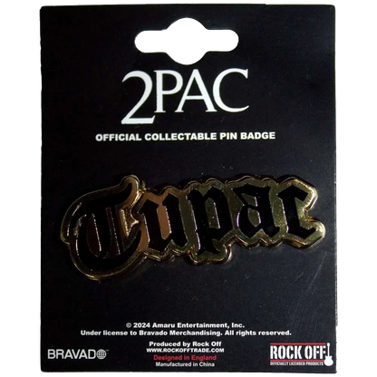Pin officiel Tupac présenté sur carte Rock Off - badge doré et noir sous licence 2024
