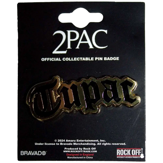 Pin officiel Tupac présenté sur carte Rock Off - badge doré et noir sous licence 2024