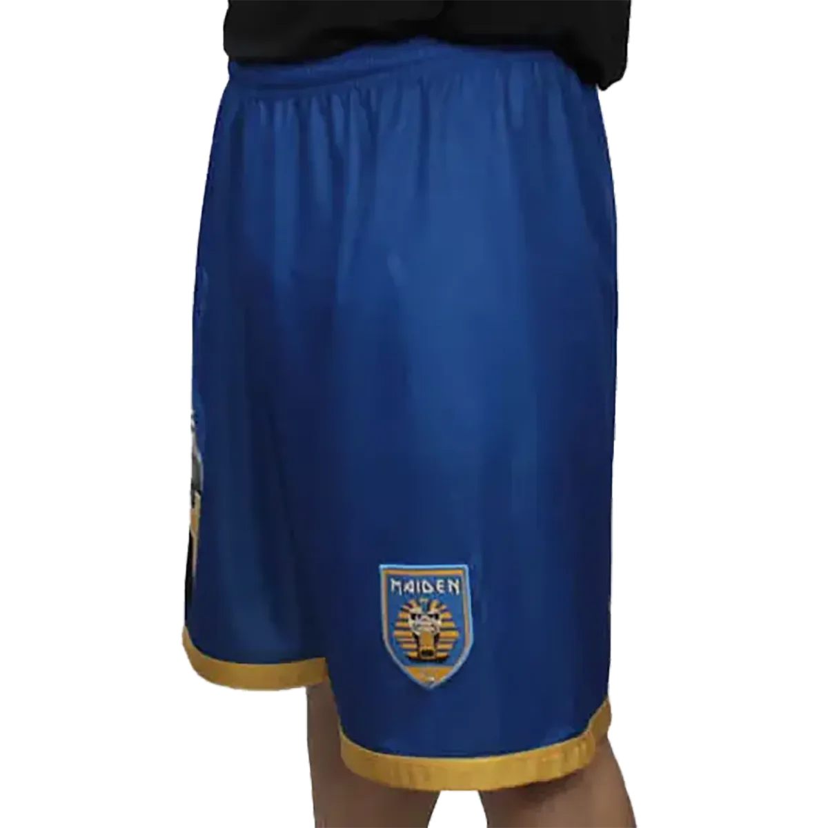 Right Side View of the Iron Maiden Blue Shorts with Gold Trim and Egyptian Crest Logo