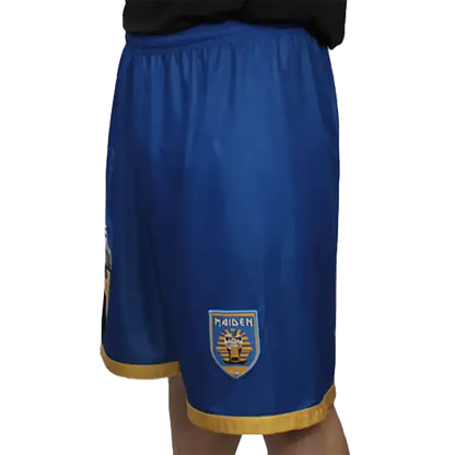 Right Side View of the Iron Maiden Blue Shorts with Gold Trim and Egyptian Crest Logo