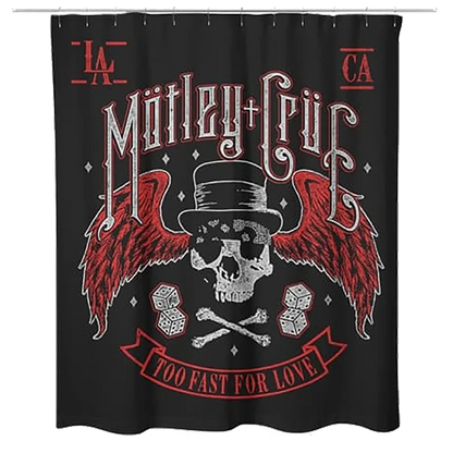 Rideau de douche Mötley Crüe Too Fast For Love avec crâne ailé et dés rouges