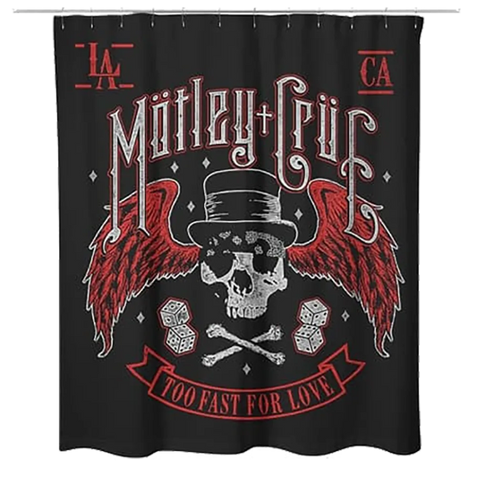 Rideau de douche Mötley Crüe Too Fast For Love avec crâne ailé et dés rouges