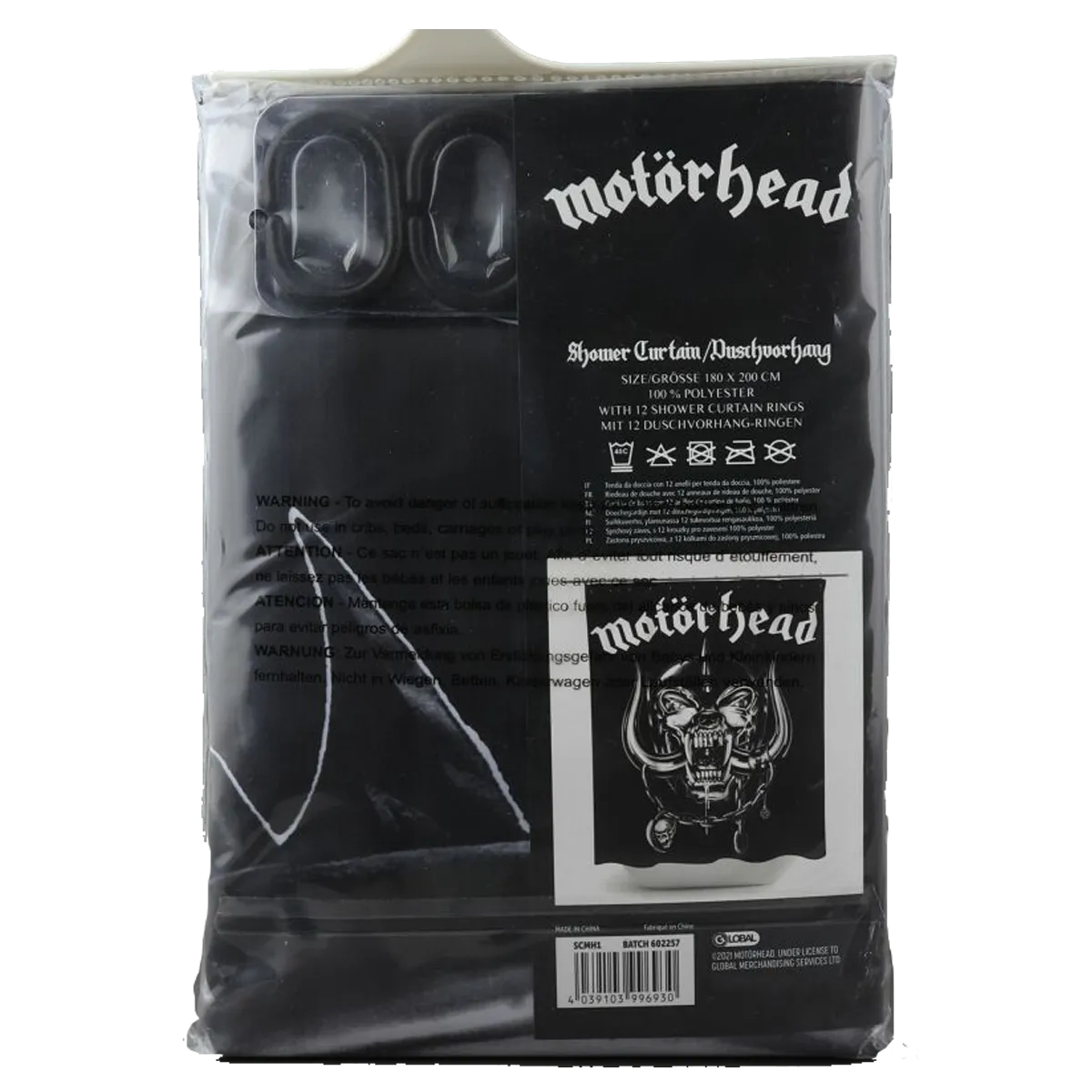 Dos de l’emballage avec détails du rideau de douche Motörhead