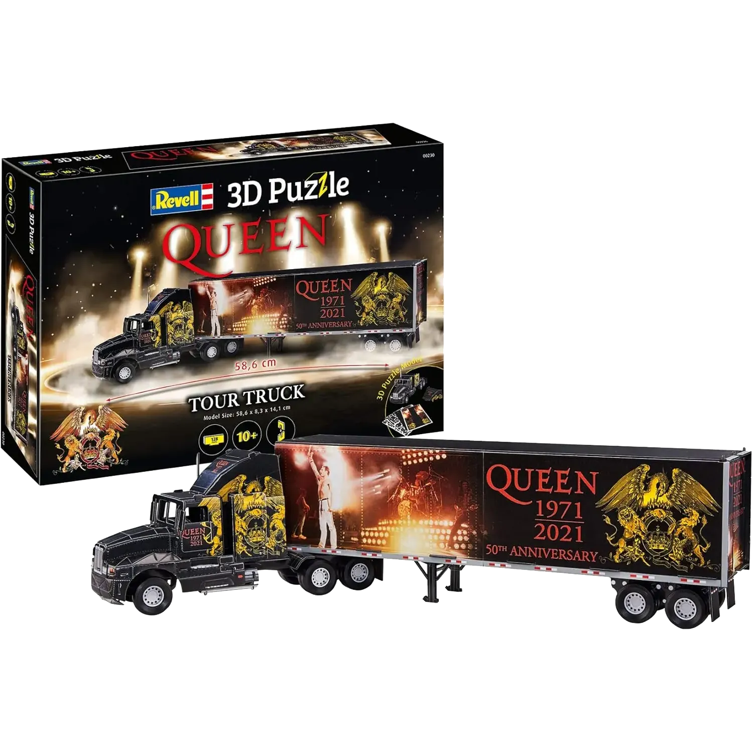 Box of the puzzle 3D Revell Queen Tour Truck – 50e anniversary 1971-2021 with view of the band and golden logo