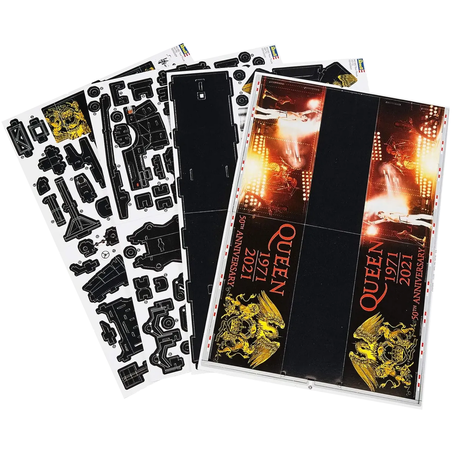 Sheet of separate pieces from the Queen 3D puzzle – truck visual with Freddie Mercury and Queen 50th Anniversary gold motifs