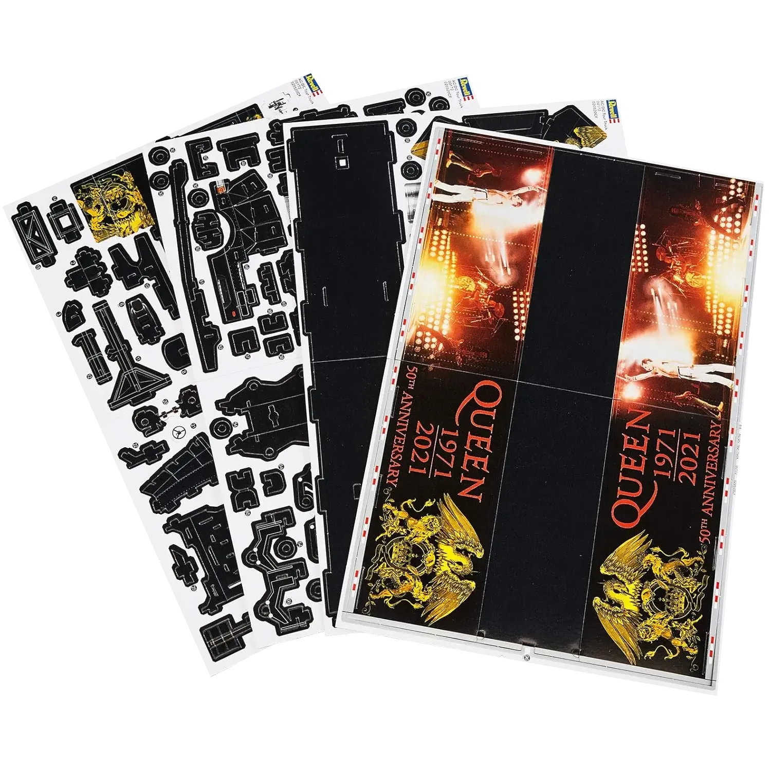 Sheet of separate pieces from the Queen 3D puzzle – truck visual with Freddie Mercury and Queen 50th Anniversary gold motifs