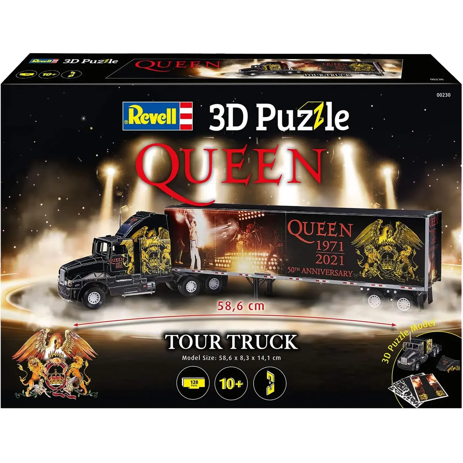 Complete set of the Revell Queen Tour Truck 3D puzzle – a 23-inch buildable model for fans of the legendary rock band.