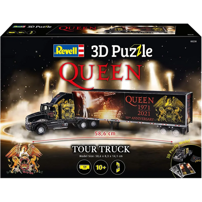 Complete set of the Revell Queen Tour Truck 3D puzzle – a 23-inch buildable model for fans of the legendary rock band.